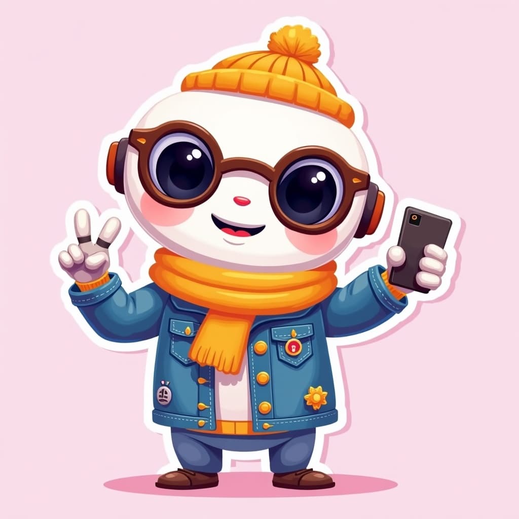 Sammar, a hipster robot, taking a selfie and flashing a peace sign